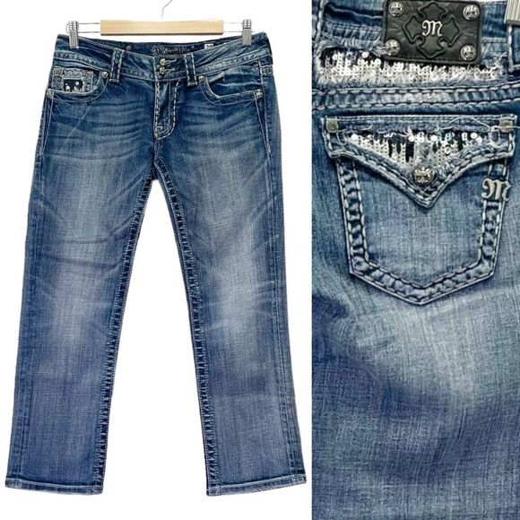 Miss Me Denim - Miss Me Capri Jeans Cropped Straight Leg Medium Wash Sequin Flap Jeans Size 29